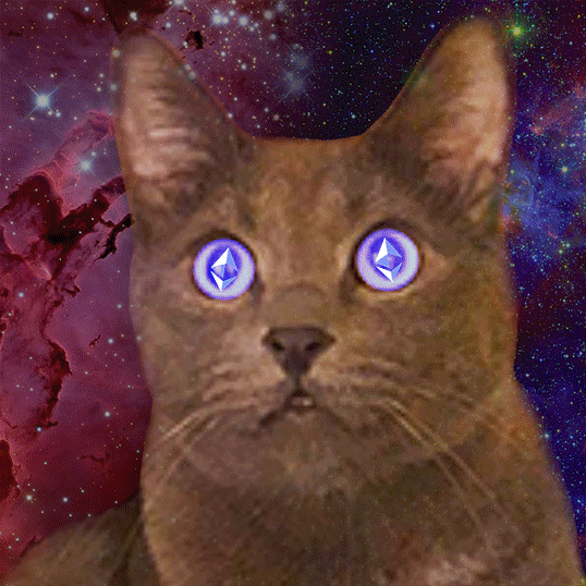 Catz on ETH — a brown cat with glowing Ethereum-logo eyes in front of a nebula